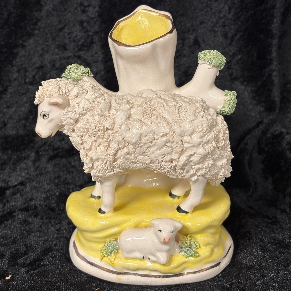 Vintage Staffordshire Charming Sheep vase with Yellow Accents